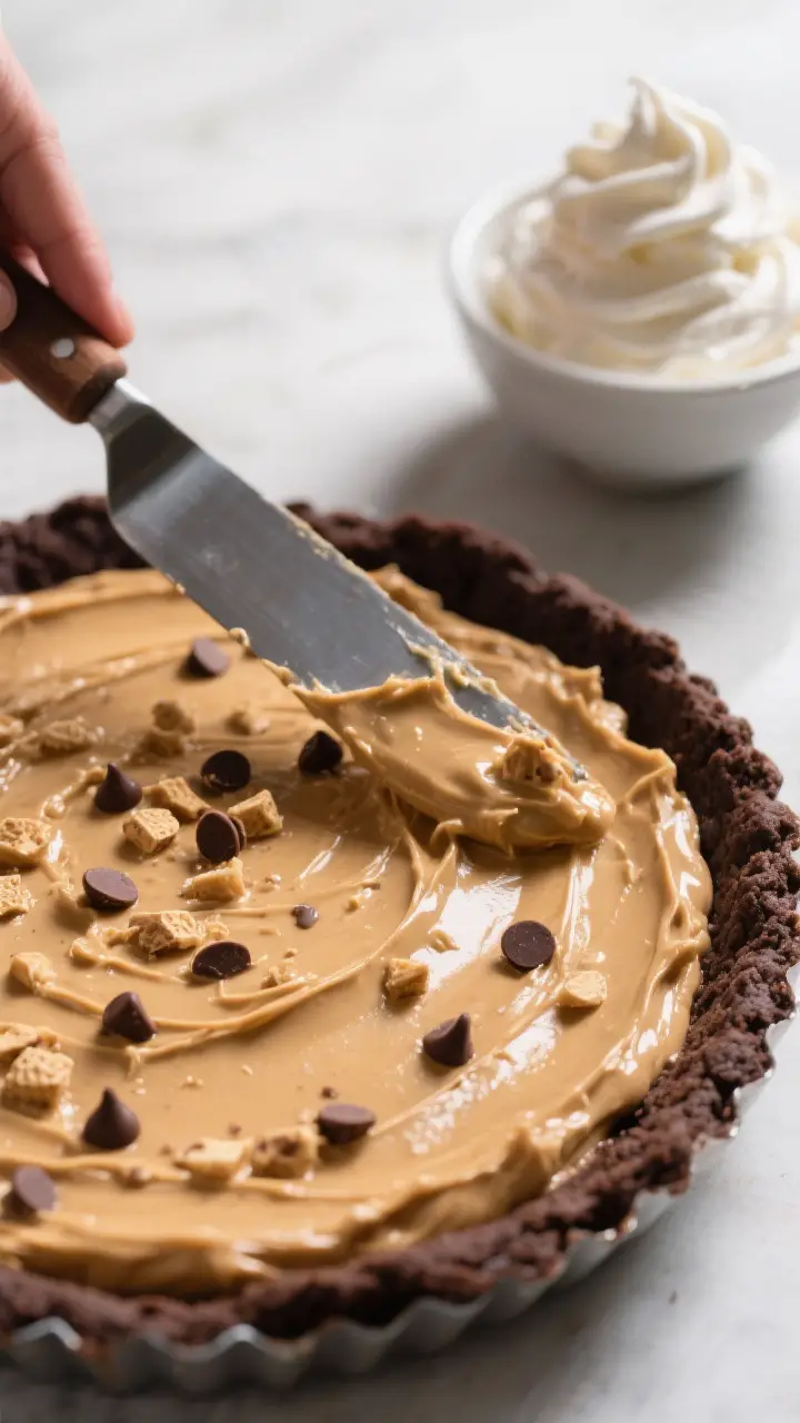 Process-focused shot of the filling being spread into the chilled chocolate cookie crust: a glossy, 