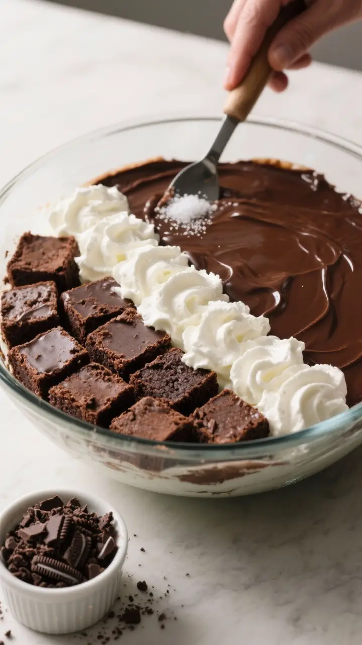 Process-in-action setup: Assembly stage showing the first three layers in a glass mixing bowl—an e