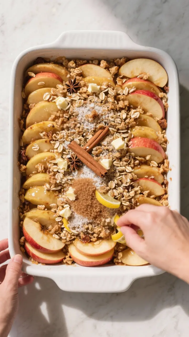 Process-in-pan shot: assembling the apple crisp before baking, overhead view of the baking dish fill