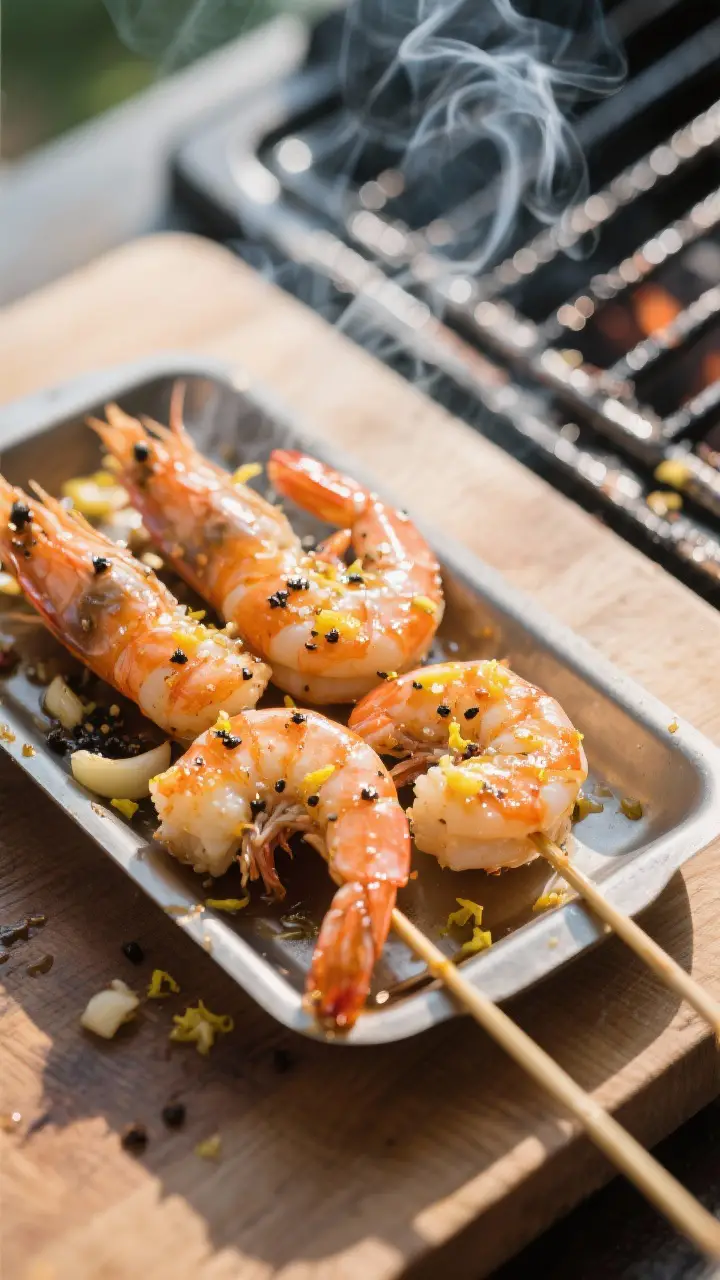Process moment on the board-to-grill transition: skewered, marinated shrimp resting on a prepped tra