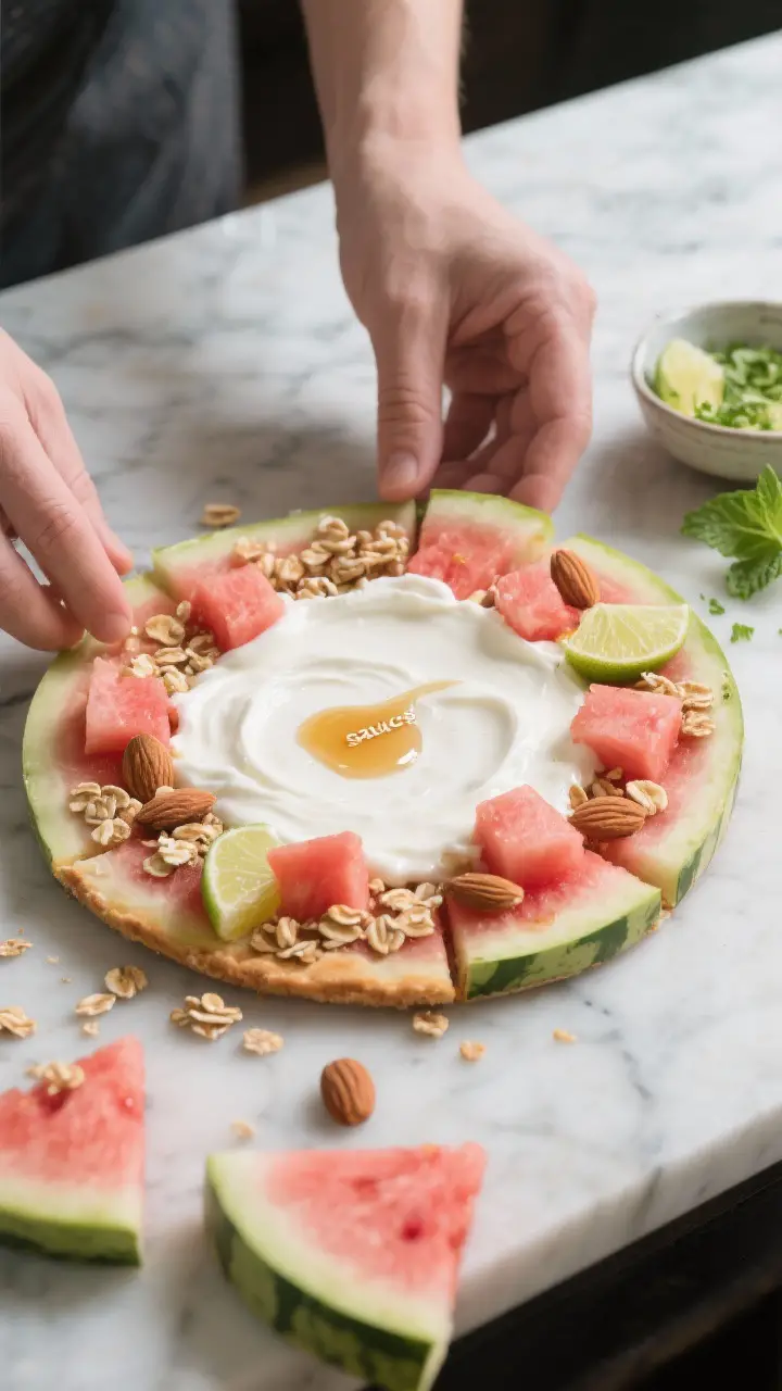 Process moment: Watermelon pizza being assembled with the yogurt “sauce” just spread in a smooth