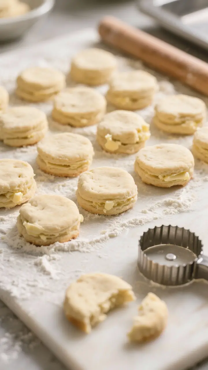 Process shot focusing on the final cut stage: thick, 1-inch biscuit rounds arranged on a lightly flo