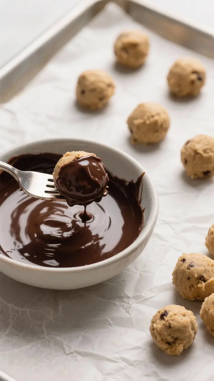 Process shot: Overhead image of chilled, rolled cookie dough balls on a parchment-lined tray next to