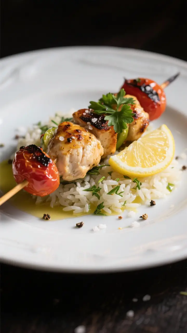 Restaurant-quality plated presentation: a single skewer slid off onto a white ceramic plate over her