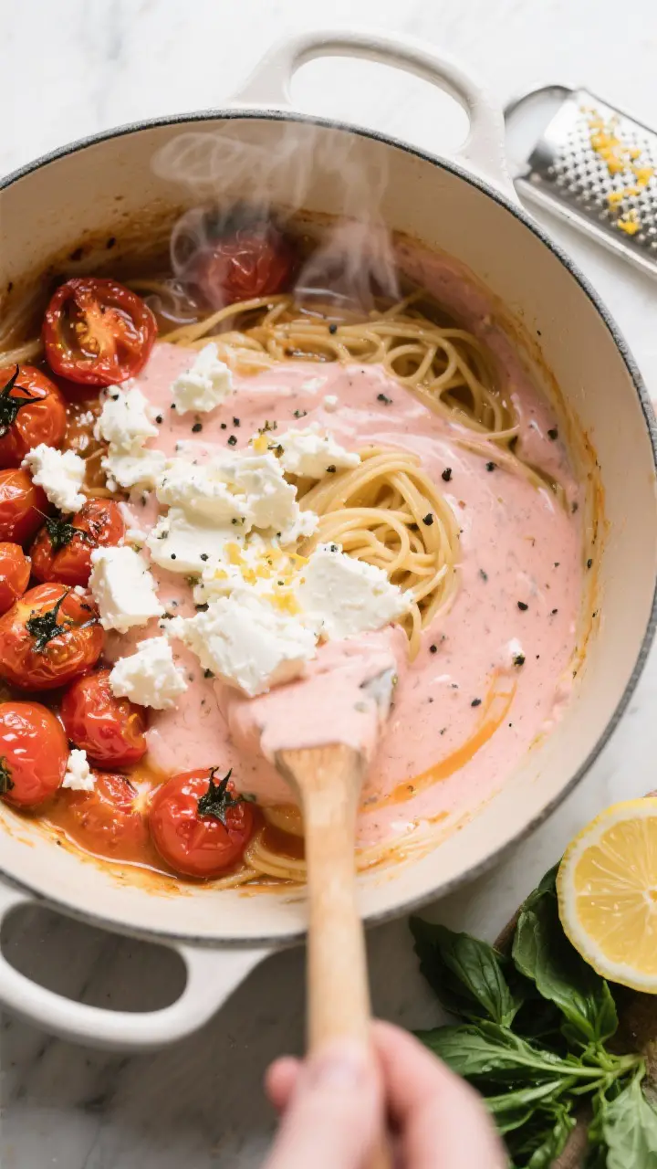 Sauce-building moment – Goat cheese melting into the tomatoes: Overhead shot of a large pot with h