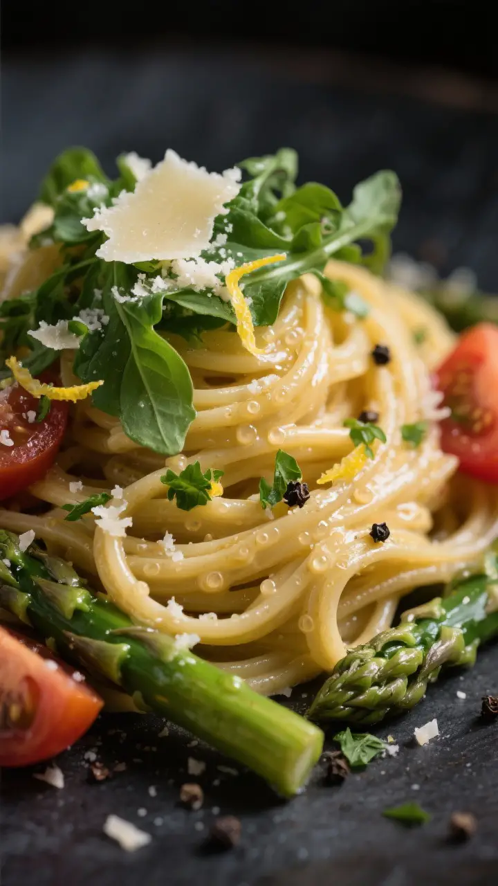 Sauce-emulsion detail: Macro shot of linguine strands coated in a silky, glossy Parmesan emulsion wi