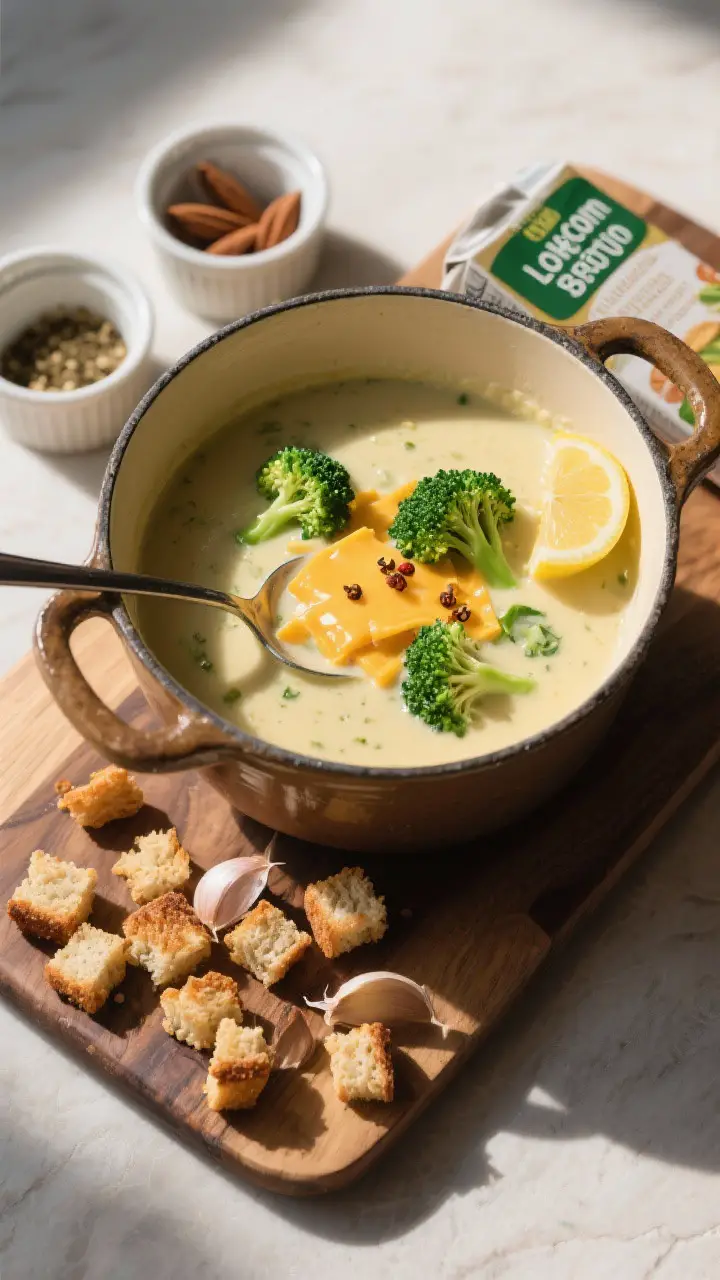 Tasty hearty and inviting: Overhead shot of a rustic pot ladled with creamy broccoli-cheddar soup sh