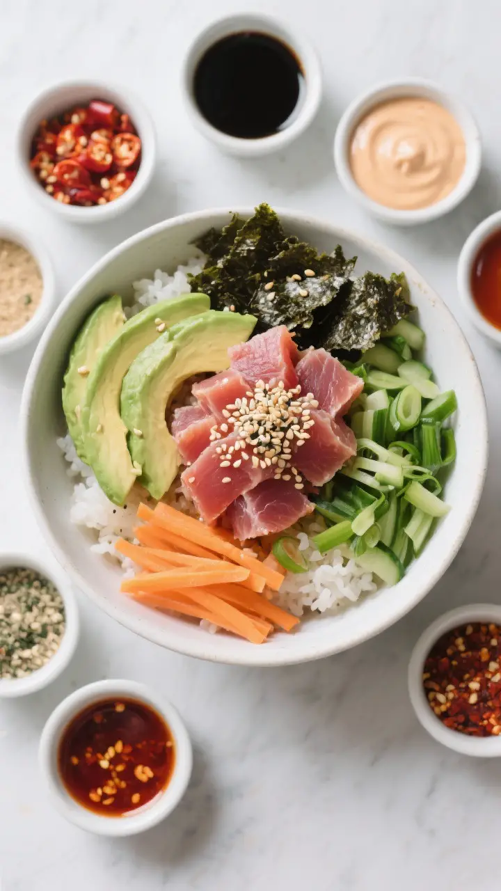 Tasty overhead shot: of a build-your-own Spicy Tuna Bowl scene with the bowl fully composed in the c