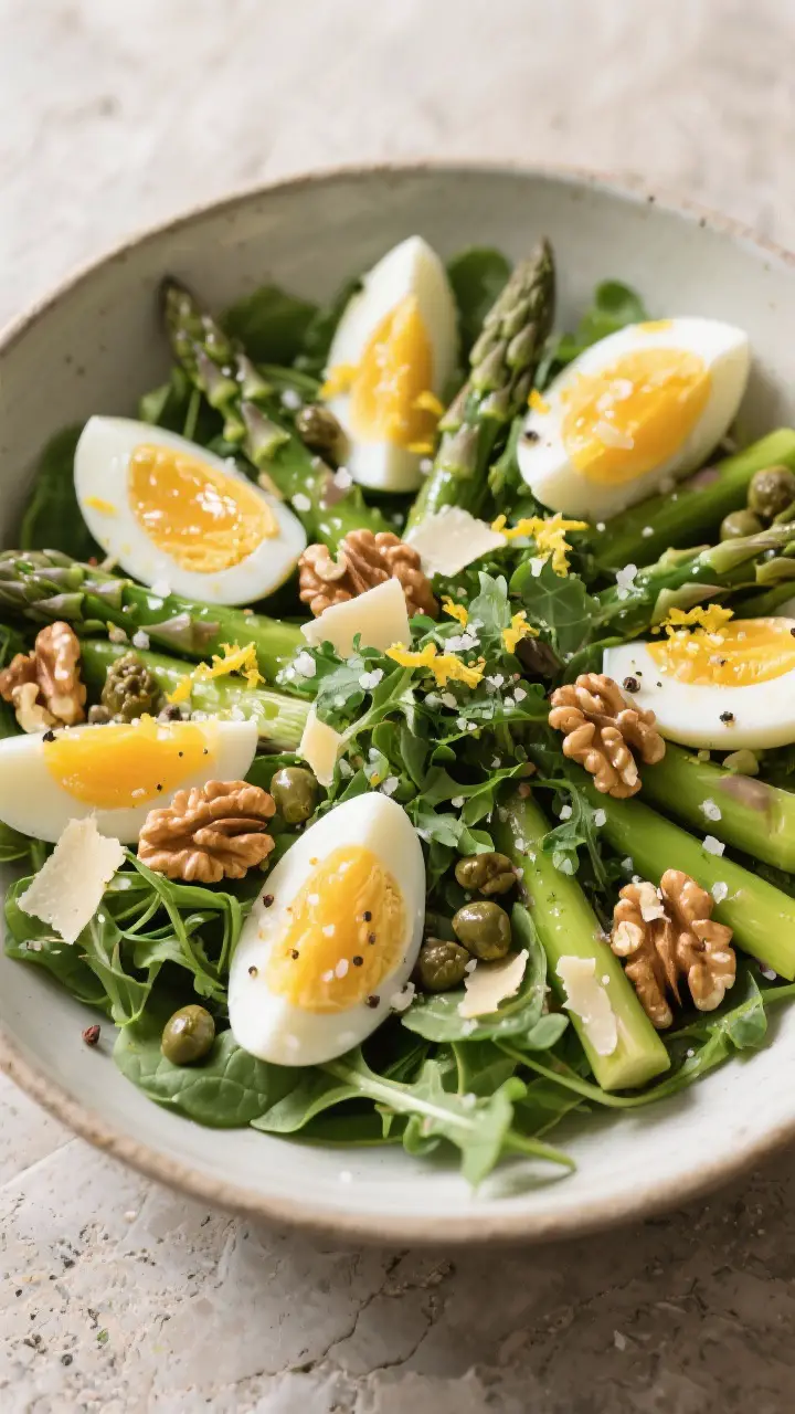 Tasty overhead shot: of a composed salad bowl showing distinct layers—bright asparagus cut on the 