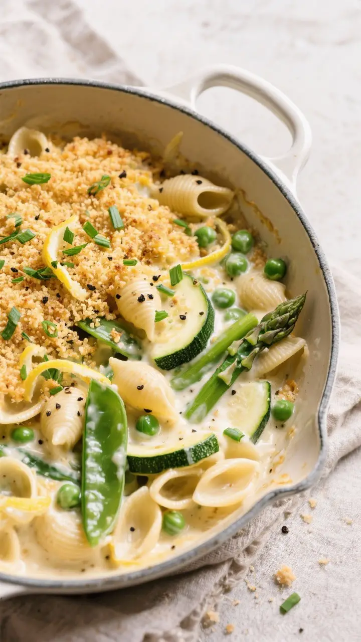Tasty : Overhead shot of Spring Vegetable Mac and Cheese in a wide enamel braiser, pasta shells nest