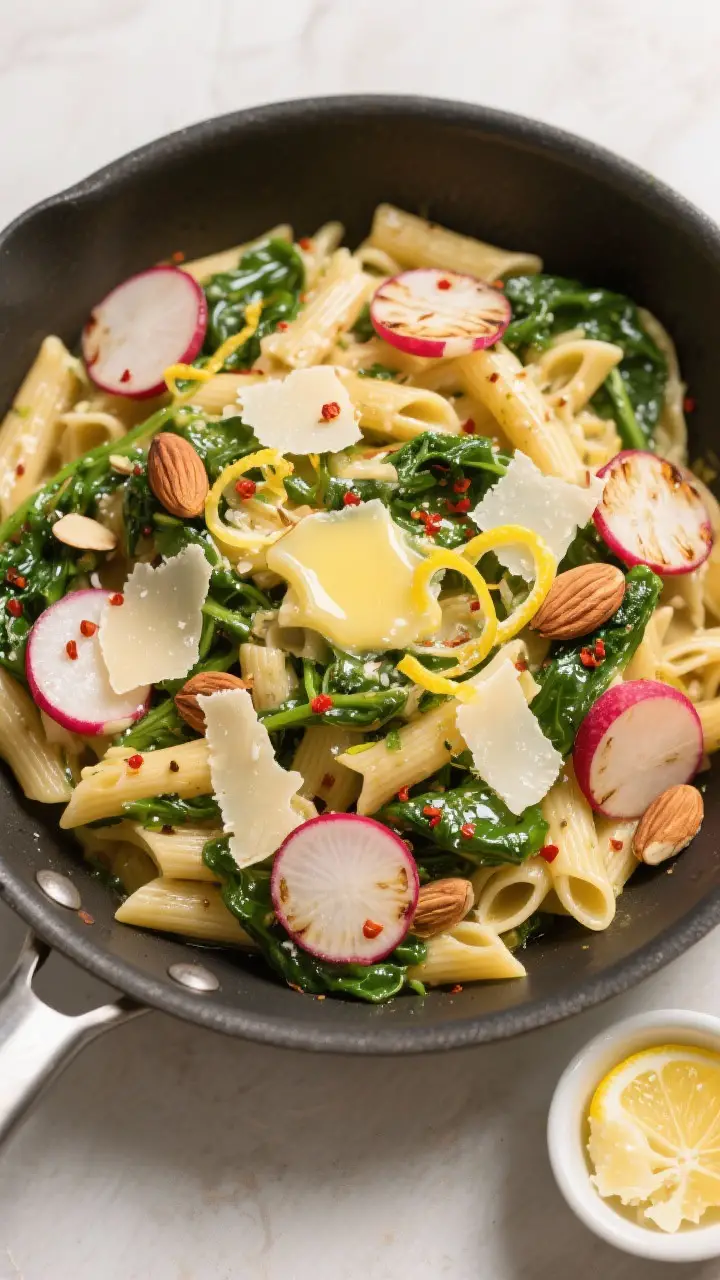 Tasty : Overhead shot of the finished pasta in a large skillet just off the heat—roasted radishes