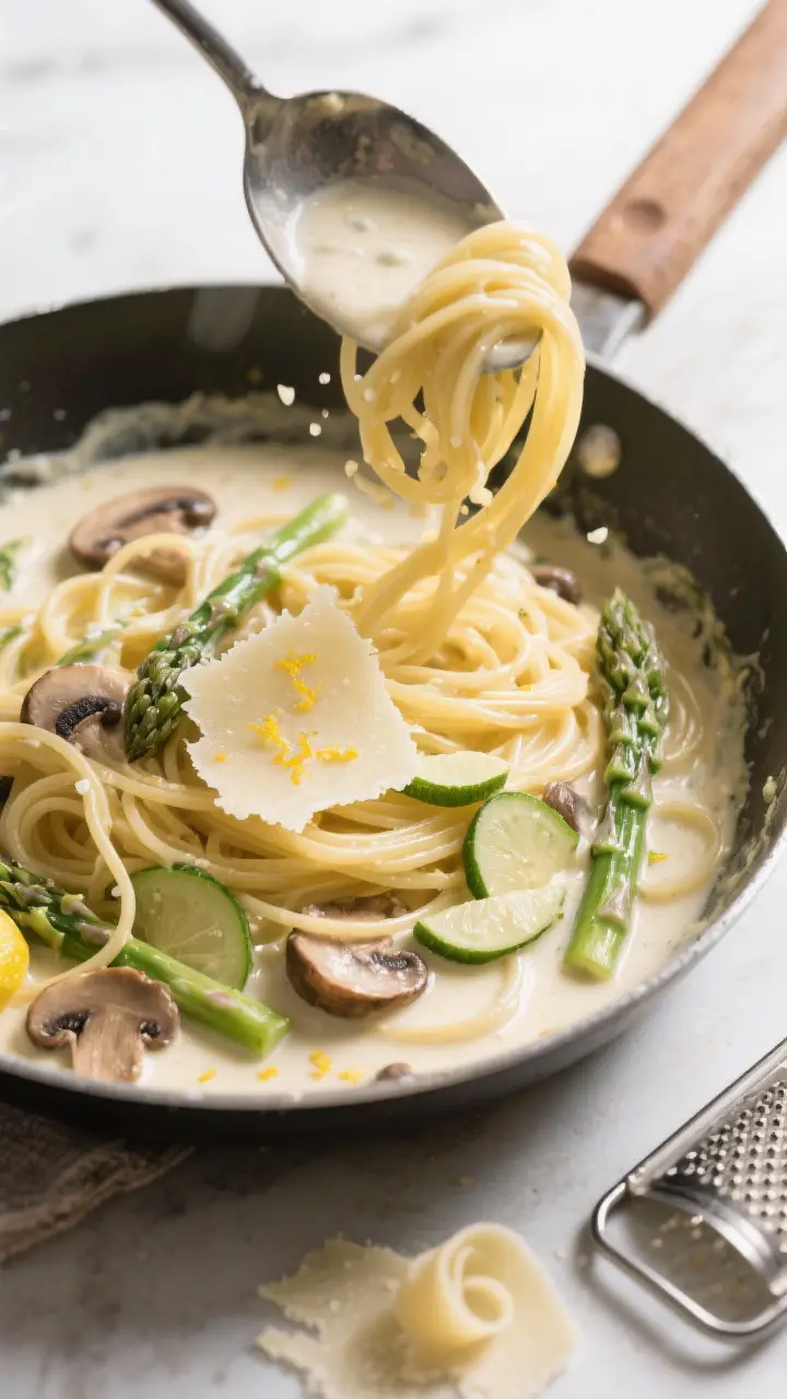 Tasty skillet toss moment: Overhead shot of pasta being finished in the skillet—linguine tossed di