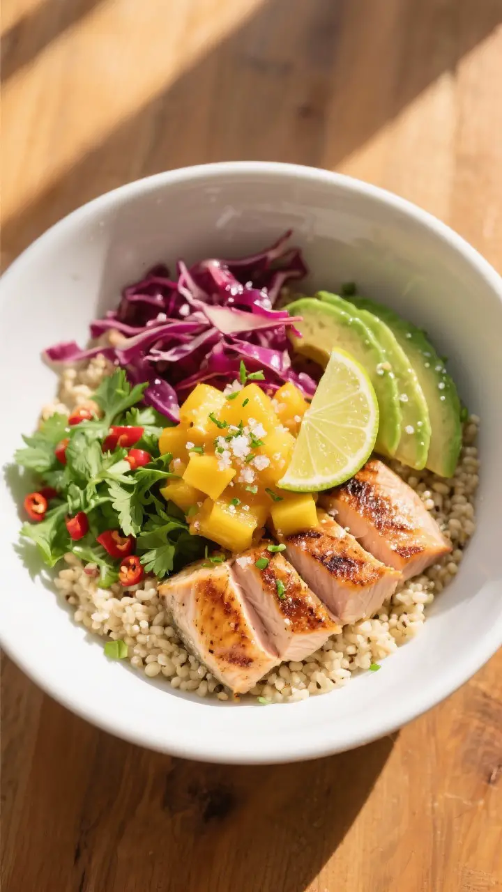 Tasty top-down bowl build: Overhead shot of a grain bowl variation—slices of grilled swordfish arr
