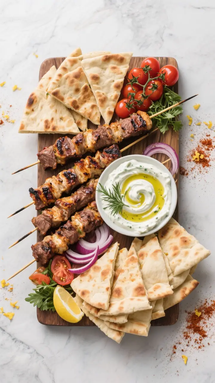 Tasty top-down spread: Overhead shot of a Mediterranean kebab feast board—charred lamb skewers arr