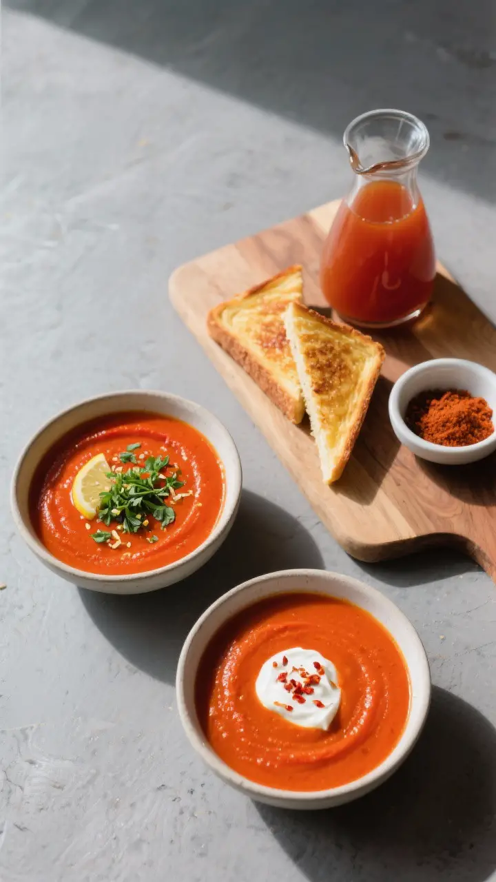 Tasty top-down spread: Overhead shot of a weeknight serving scene—two bowls of roasted red pepper 
