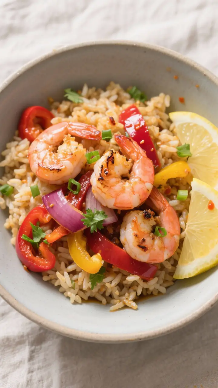 Tasty top view, assembled bowl: Overhead shot of a Cajun Shrimp and Rice Bowl with fluffy jasmine ri