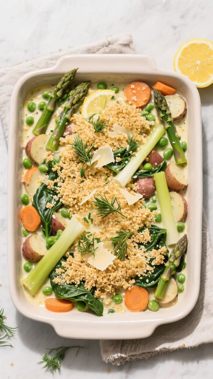 Tasty top view – assembled casserole before baking: Overhead shot of a 9x13-inch casserole filled 