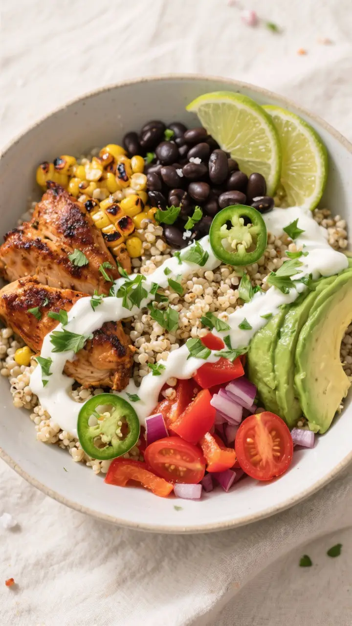 Tasty top view – assembled Southwest Chicken and Quinoa Bowl: Overhead shot of a wide, shallow bow