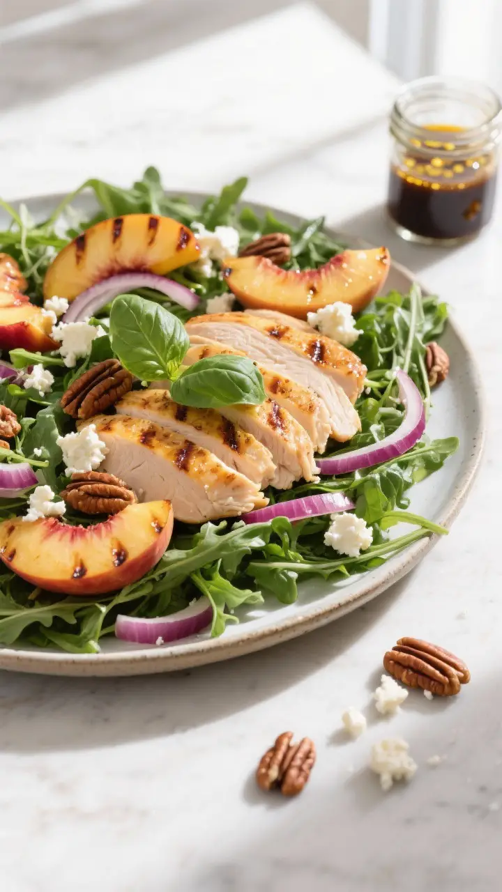 Tasty top view — Assembling the salad: Overhead shot of a large shallow platter layered with mixed