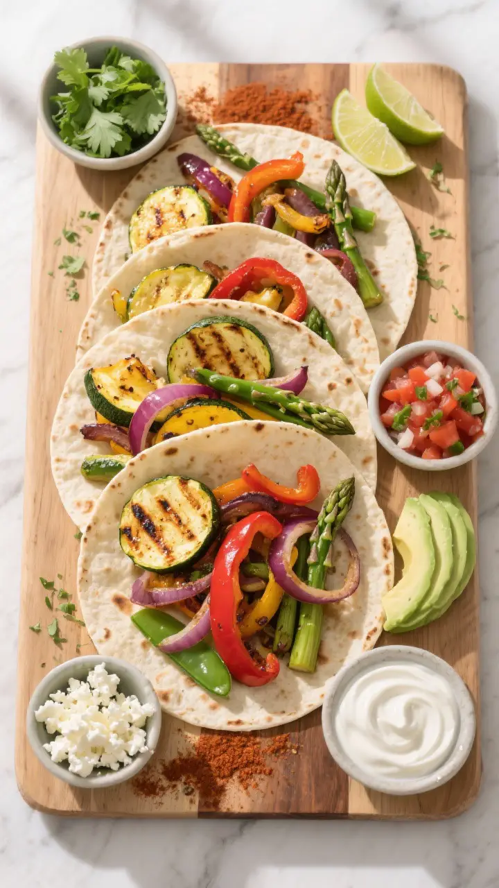 Tasty top view assembly bar: Overhead shot of warm tortillas on a wooden board topped with a colorfu