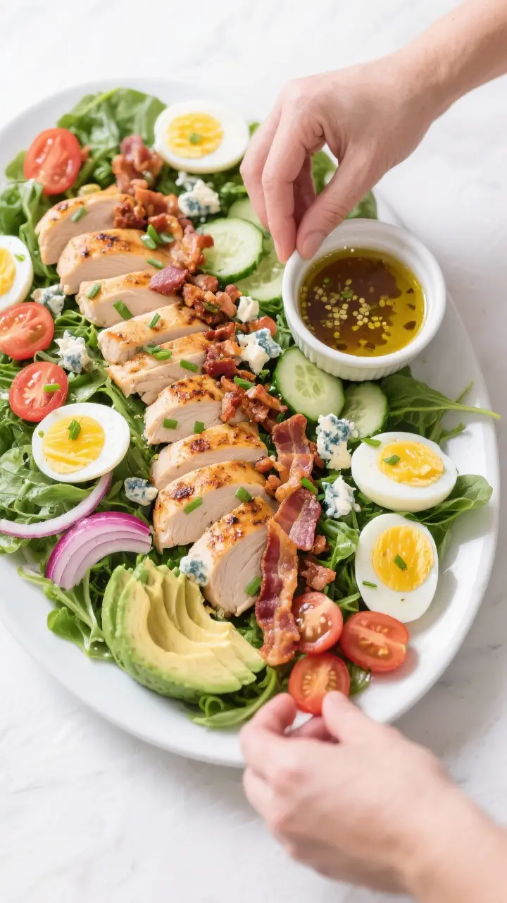 Tasty top view, assembly moment: Overhead shot of a large platter of spring greens lightly dressed a