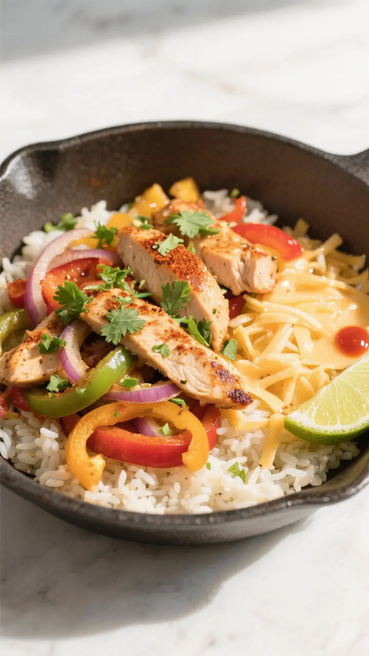 Tasty top view, bowl presentation: Overhead shot of chicken fajita skillet served over cilantro-lime