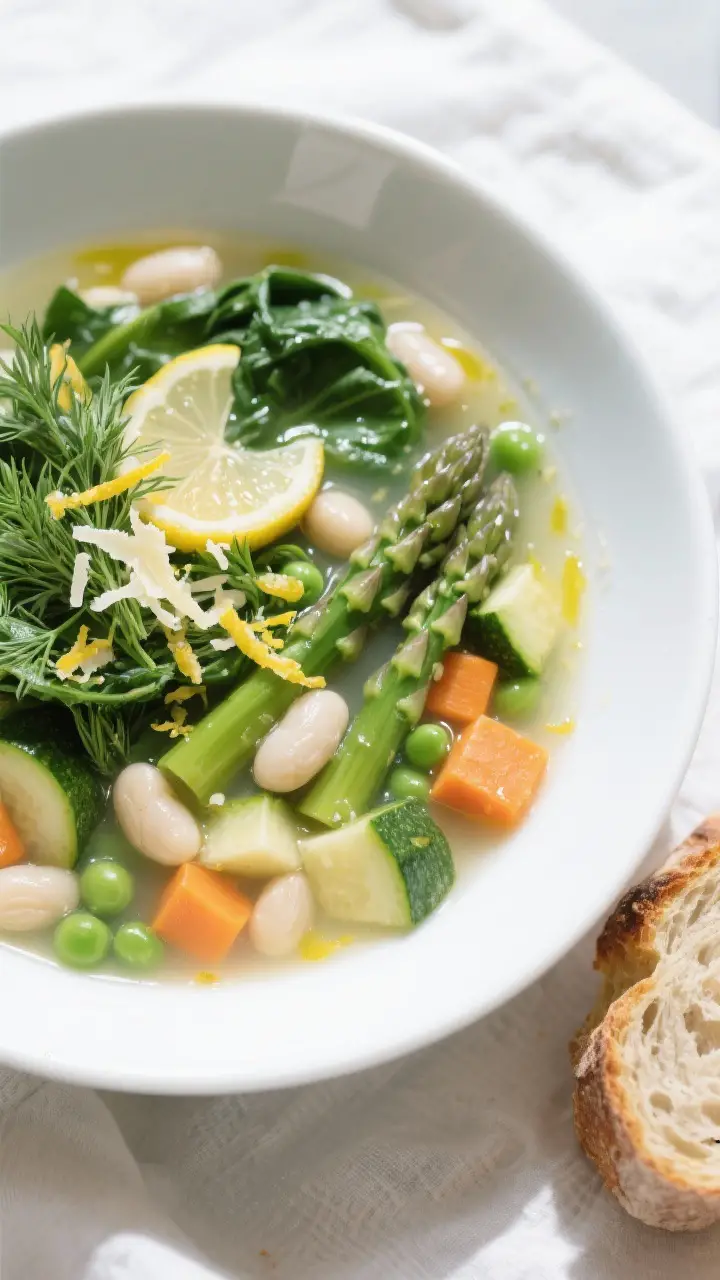 Tasty top view final dish: Overhead shot of a bowl of Spring Garden Vegetable Soup finished with wil