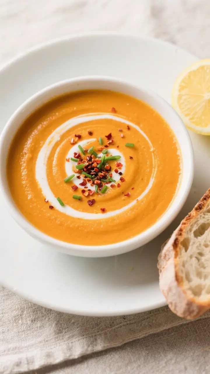 Tasty top view final dish: Overhead shot of a bowl of Carrot Ginger Soup, bright orange and velvety,
