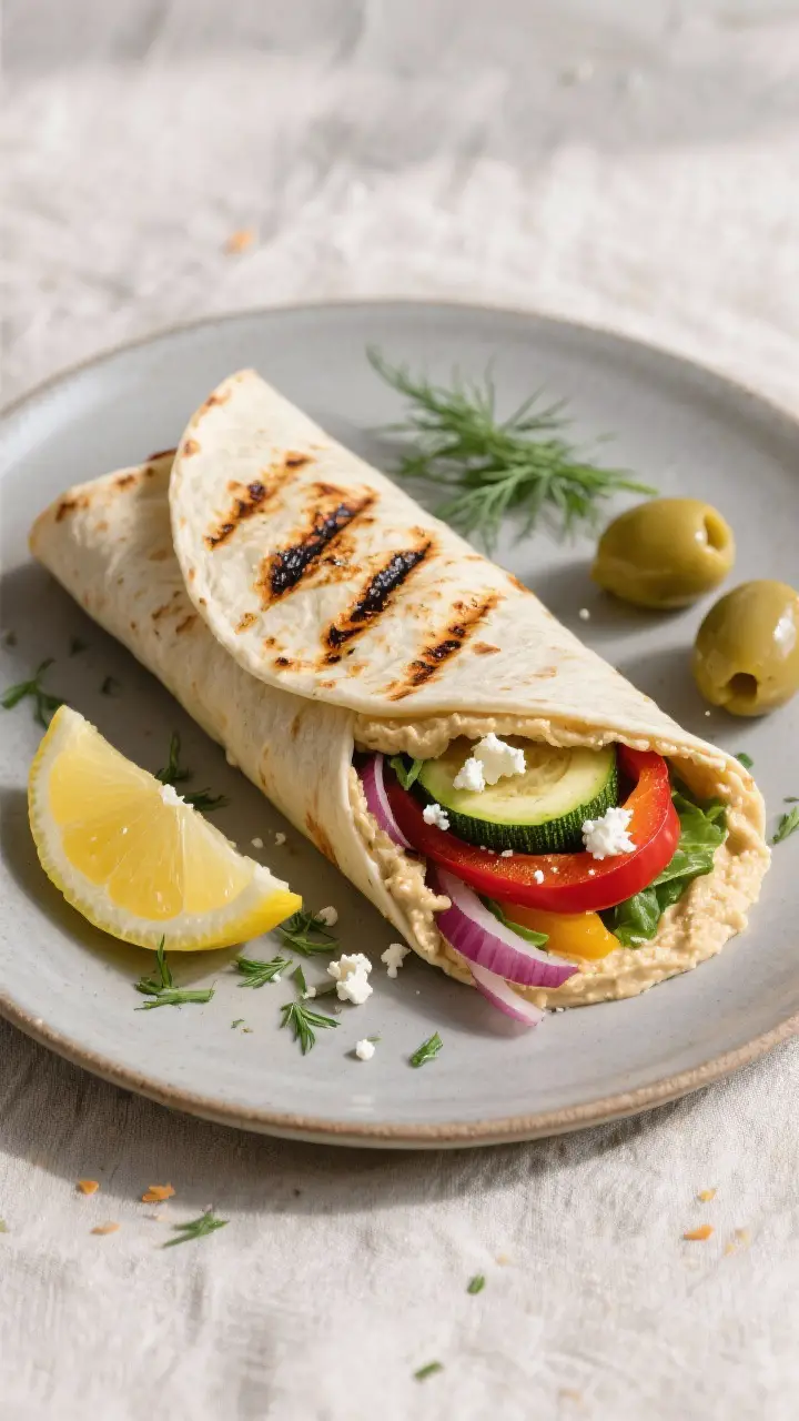 Tasty top view final dish: Overhead shot of a tightly rolled and seam-seared grilled vegetable and h