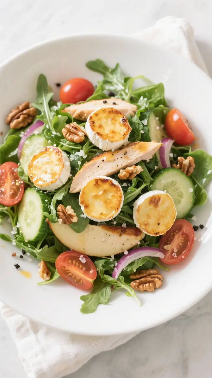 Tasty top view final dish: Overhead shot of Warm Goat Cheese Salad with Chicken fully assembled—mi