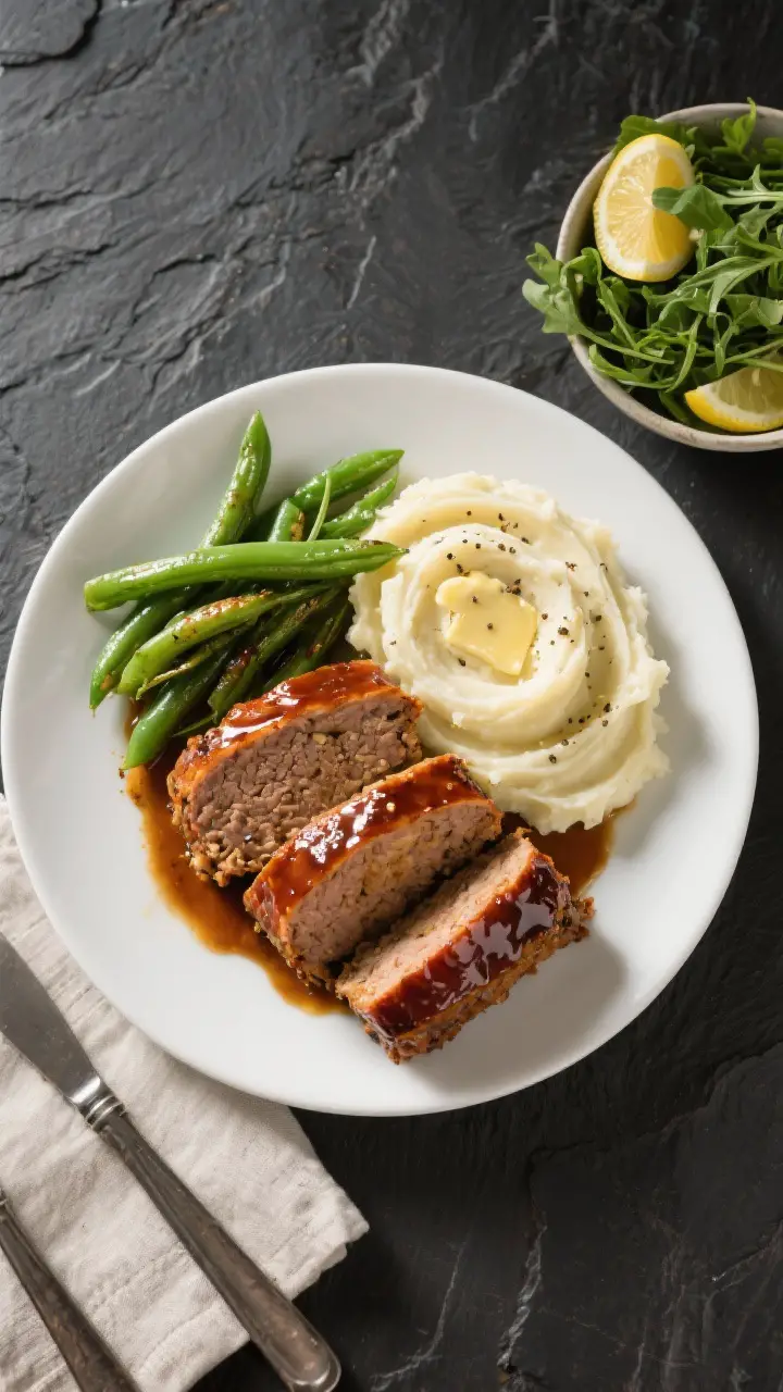 Tasty top view (final meal): Overhead shot of plated BBQ turkey meatloaf dinner—three neat slices 