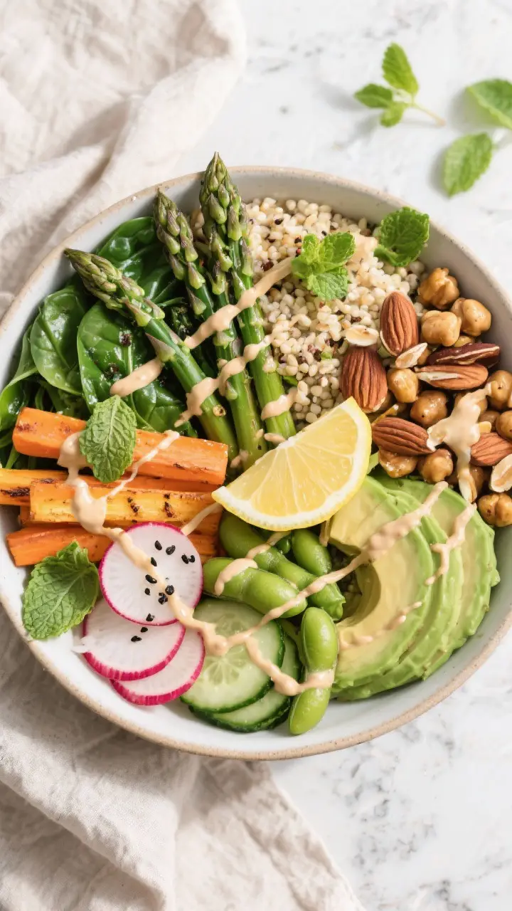 Tasty top view — final plated Buddha bowl: Overhead shot of a vibrant Spring Veggie Buddha Bowl ar
