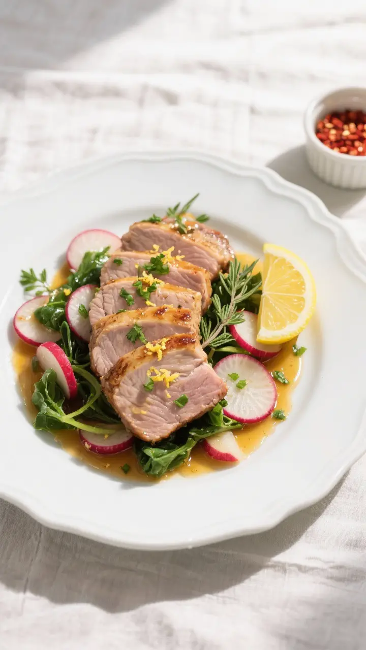 Tasty top view, final plated dish: Overhead shot of Skillet Pork Tenderloin with Radishes plated on 