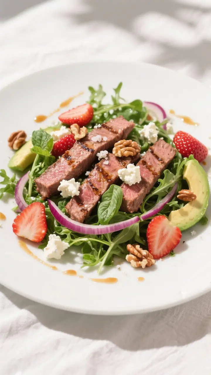 Tasty top view – Final plated salad: Overhead shot of the assembled Grilled Steak Salad with Straw