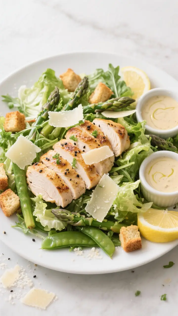 Tasty top view — Final plated Spring Chicken Caesar Salad: Overhead shot of a large white platter 