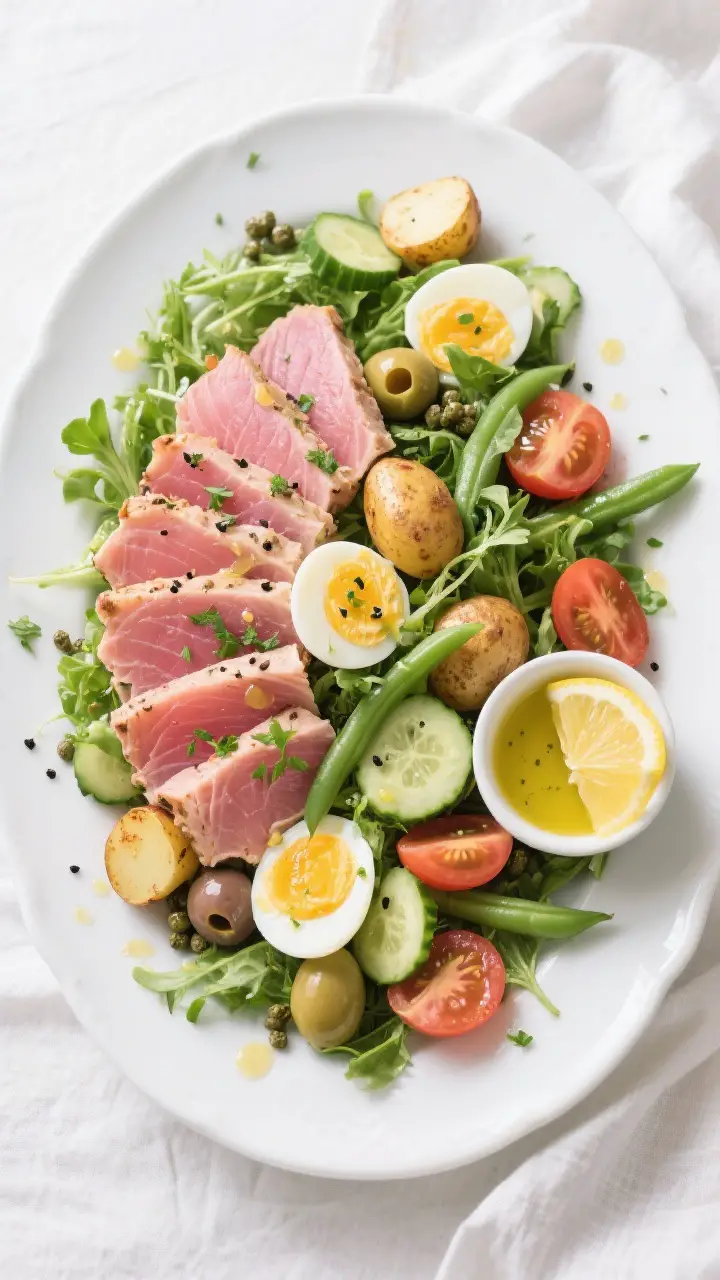 Tasty top view — Final plated Spring Nicoise Salad with Fresh Tuna: Overhead shot of a large white