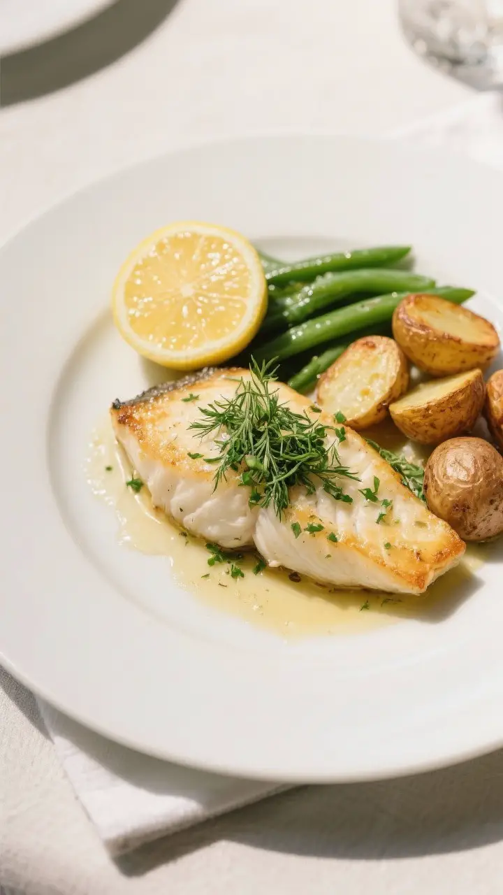 Tasty top view final plating: Overhead shot of beautifully plated lemon herb baked cod on a matte wh