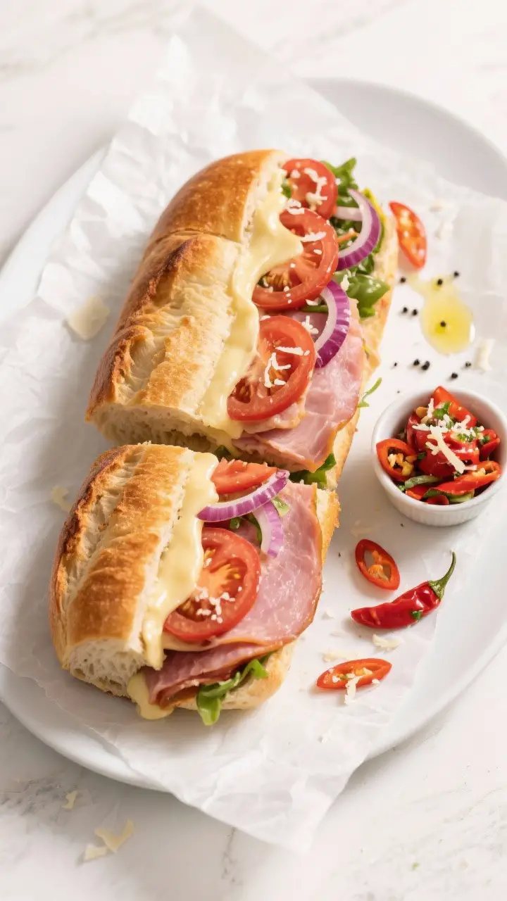 Tasty top view — final presentation: Overhead shot of a large grinder sandwich sliced in half on a