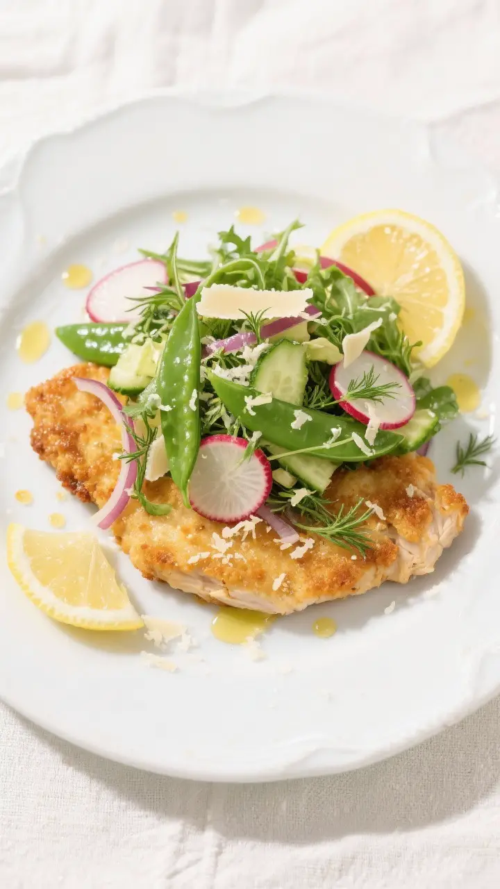 Tasty top view, final presentation: Overhead shot of a plated Chicken Milanese with a generous mound