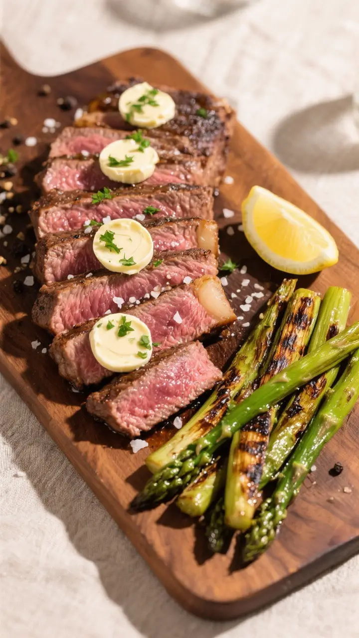 Tasty top view, final presentation: Overhead shot of sliced grilled steak fanned on a warm wooden bo
