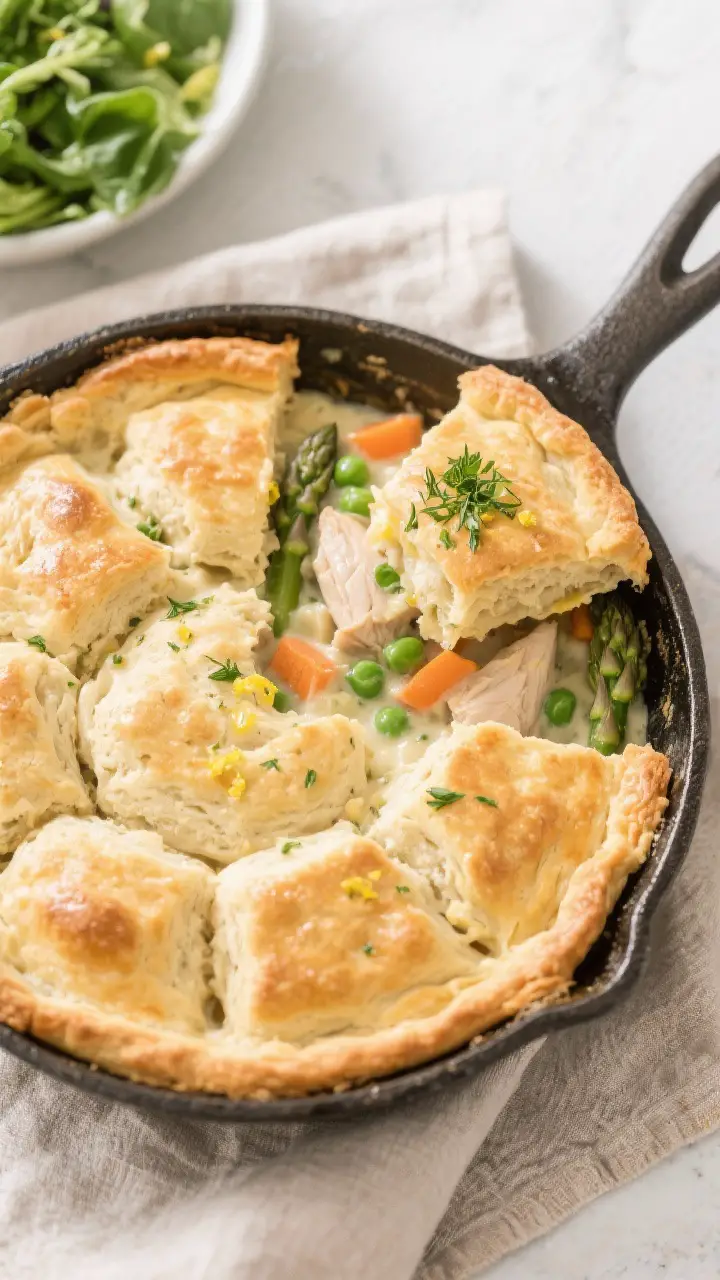 Tasty top view, final presentation: overhead shot of the baked Spring Chicken Pot Pie with biscuit t