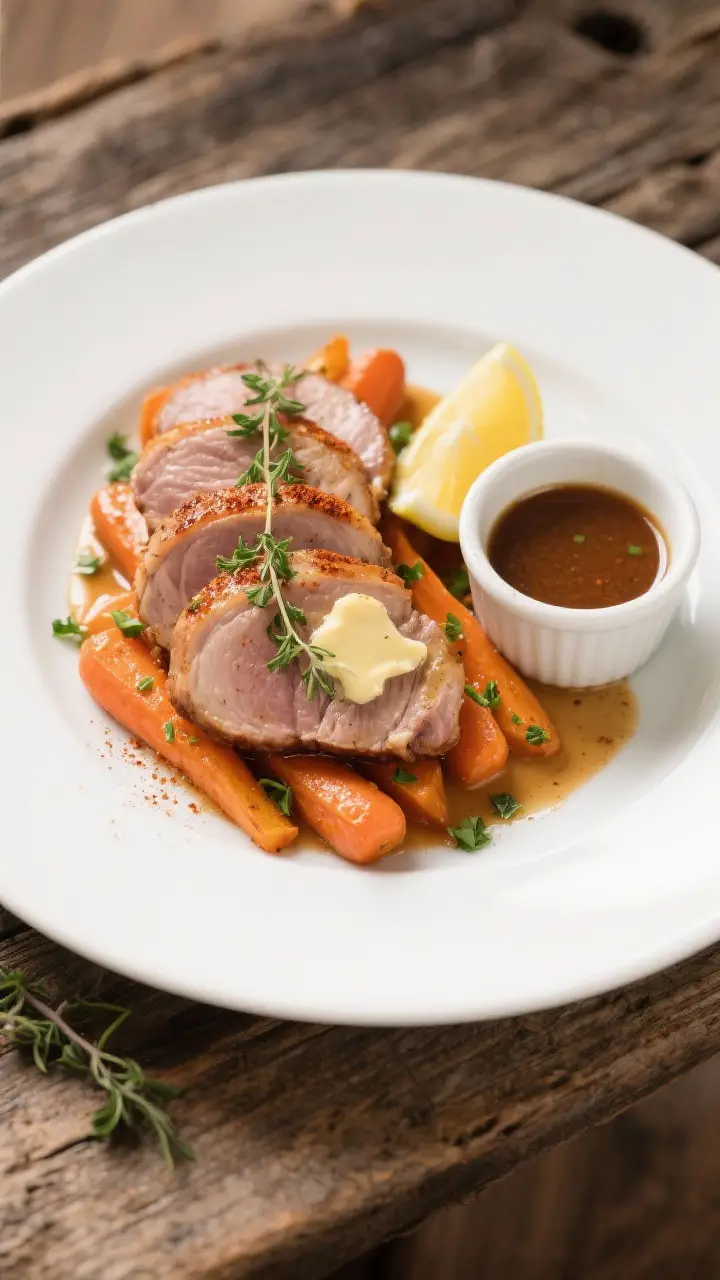 Tasty top-view final presentation: Overhead shot of a restaurant-style plate featuring fanned pork m