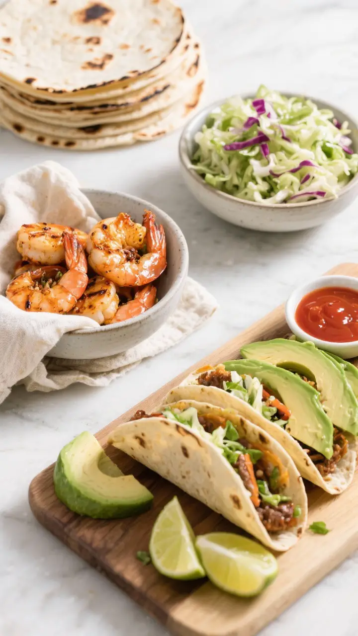 Tasty top view for serving vibe: Overhead shot of a casual taco spread—stack of charred tortillas 