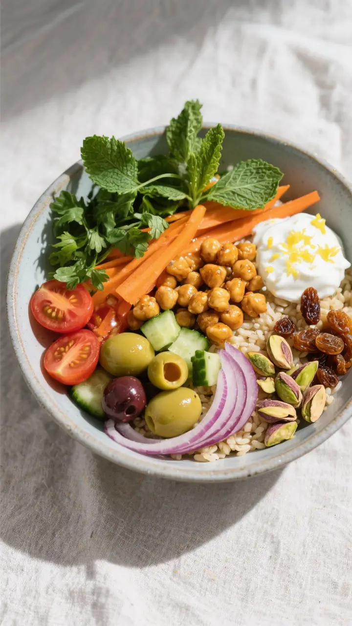 Tasty top view: Fully assembled Moroccan Chickpea Grain Bowl, overhead shot showing distinct section