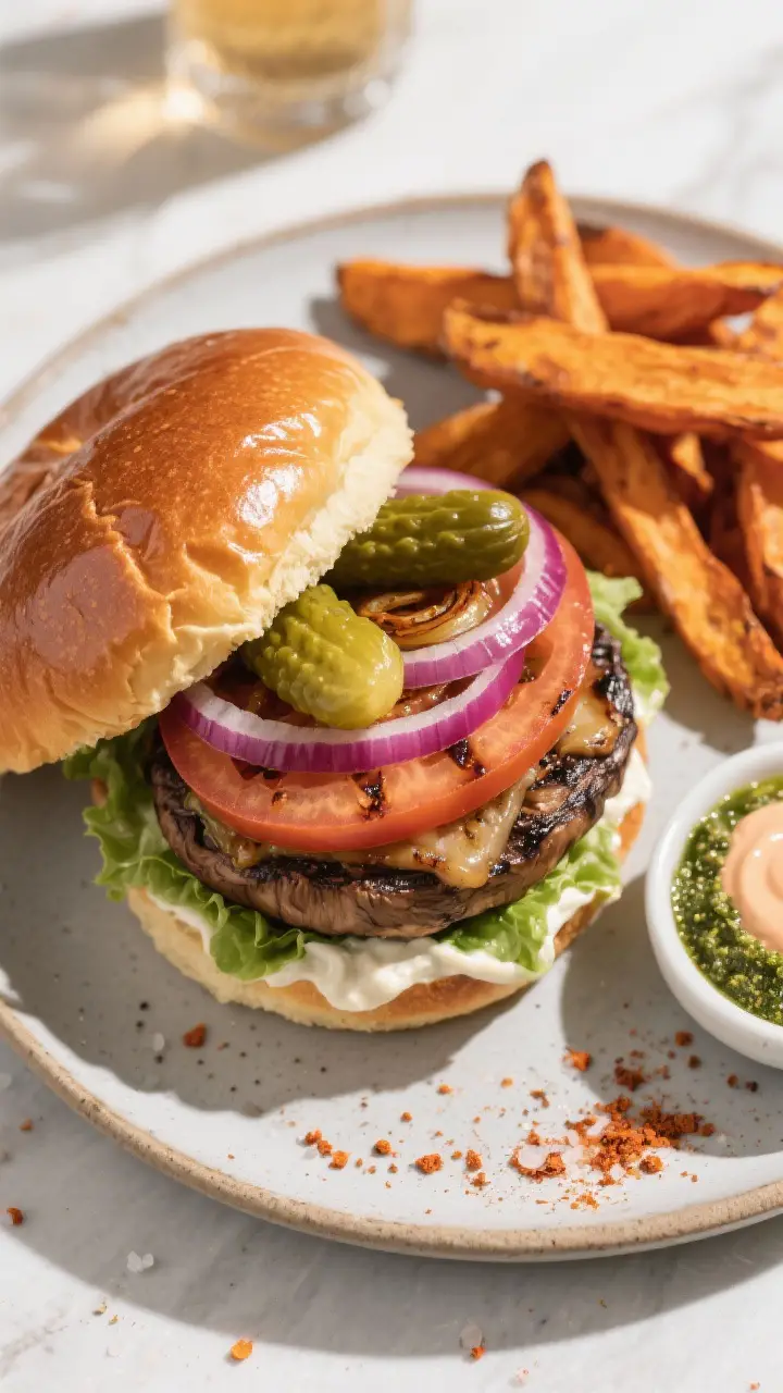 Tasty top view: Fully assembled portobello burger on a matte ceramic plate—glossy toasted brioche 