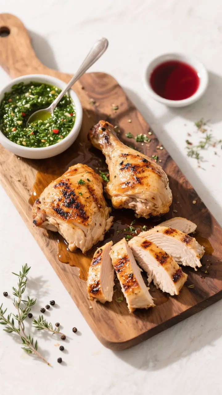 Tasty top view, meal-prep friendly: Overhead shot of a wooden board with both sliced grilled thighs 