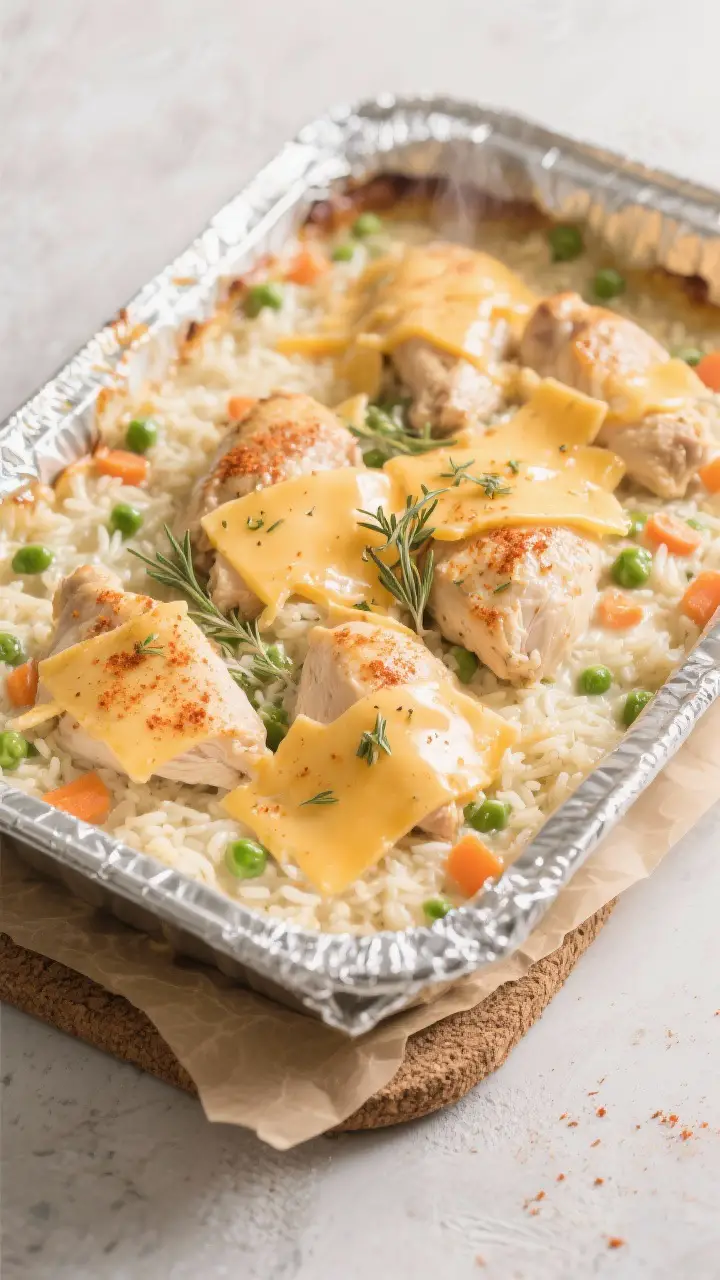 Tasty top view — mid-bake reveal: Overhead shot of the baking dish just after foil removal: tender