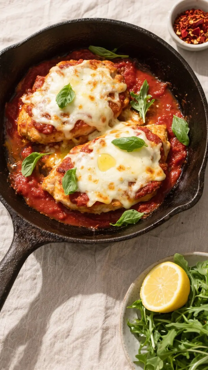 Tasty top view, one-pan finish: Overhead shot of Skillet Chicken Parmesan finished in the pan—each