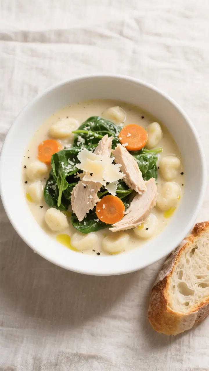 Tasty top view, overhead bowl: Overhead shot of a creamy bowl of Chicken and Gnocchi Soup, showcasin