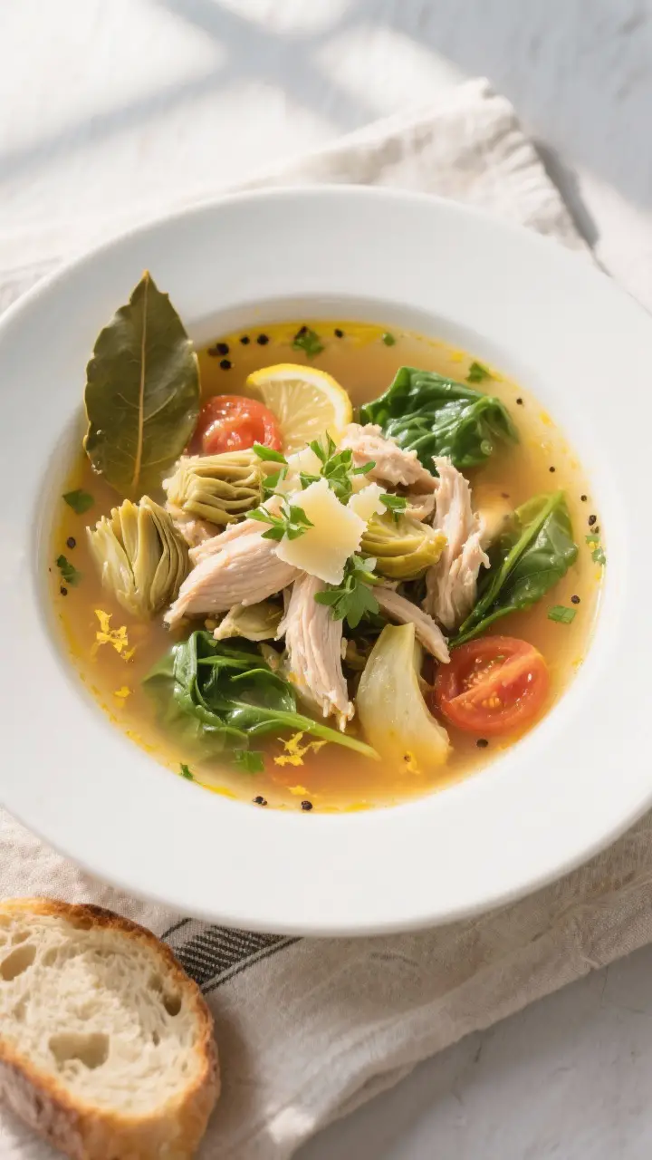 Tasty top view, overhead: Brothy Chicken and Artichoke Soup just off the stove, overhead shot in a w